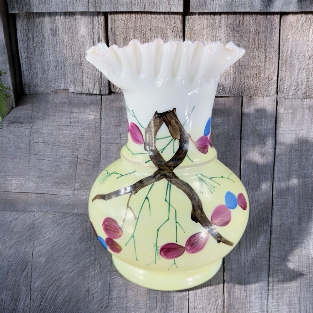 Antique Hand Painted Vase Vessel With Crest Wavy‎ Edges Vintage Glass Decor Vase